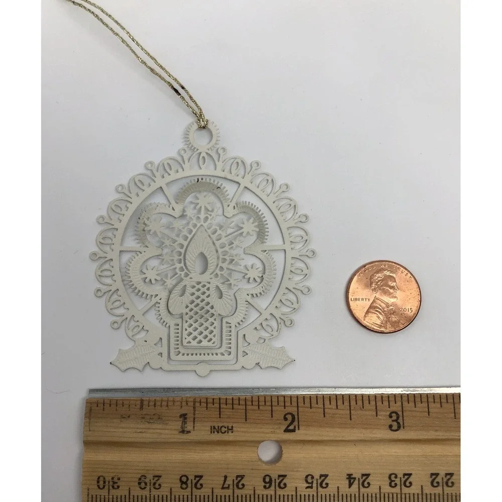 Vintage Christmas Ornament White‎ Type Metal Candle Delicate Cut-Out 2.5